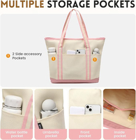 Tas Tote Kanvas Custom Logo Desain Bahu Besar untuk Wanita dengan Banyak Kantong Luar, Ritsleting, dan Gesper Magnetik