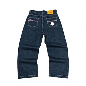 Pantalones de mezclilla 100% algodón personalizados al por mayor, transpirables, estilo Oxford, rectos, holgados, estilo urbano, con parche bordado y cintura elástica - Product Image 3