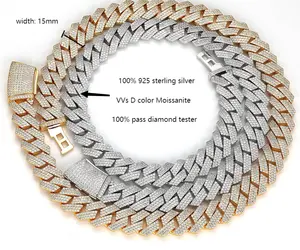 Catena per uomo in argento JWY-925, catena VV D, moissanite, maglia cubana, catena in argento Iced, 15mm