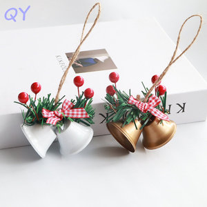 QY Metal Xmas Bell Decor Plaid Bow Pine Berry Hanging Pendant Home Holiday Wholesale <b>Small</b> Ornament - Product Image 2