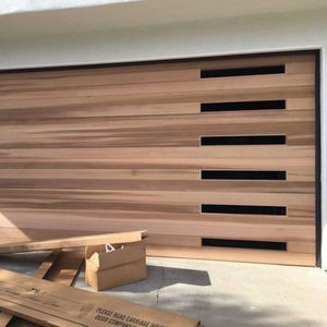 <span class=keywords><strong>Porte</strong></span> de <span class=keywords><strong>garage</strong></span> en acier à panneaux affleurants sur mesure avec texture de <span class=keywords><strong>bois</strong></span> naturel et fenêtres verticales, portes de <span class=keywords><strong>garage</strong></span> contemporaines à lattes - Product Image 3