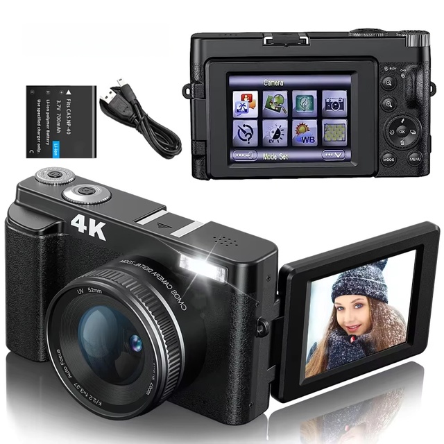 Mini 4K DSLR Camera 180 Wide Angle 16x Optical Zoom Autofocus 3.0" Flip Screen CMOS Sensor Flash SD Card Video & Photo