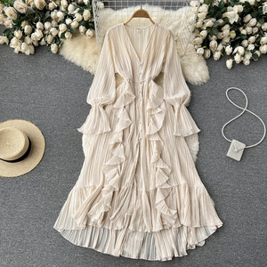2024 vacaciones gasa Vestidos largos <span class=keywords><strong>Mujer</strong></span> hoja de loto encaje cuello en V temperamento plisado cintura volantes vestido Casual para <span class=keywords><strong>mujer</strong></span> - Product Image 4
