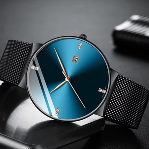 Montre à quartz simple pour homme, étanche, avec index des heures sertis de cristaux, bracelet en maille d'acier inoxydable ultra-fin, montre de cérémonie avec calendrier - Product Image 5