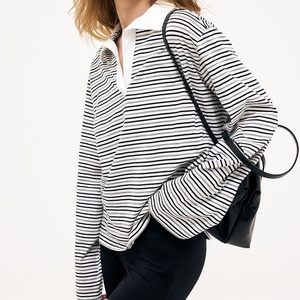 Women Custom <b>Black</b> <b>White</b> <b>Stripe</b> <b>Long</b> <b>Sleeve</b> Polo <b>Top</b> Contrast Collar V‑Neck Loose Fit Casual Knit T‑Shirt Blouse - Product Image 2
