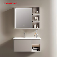 Lesso Home Modern Grey Melamine Wood Wall-Mounted Floating Bathroom Vanity Cabinet Set Frameless Mirror Ceramic Basin Waterproof