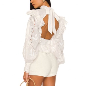 Haut court personnalisé pour femme, style lanterne, brodé, ajouré, à volants et dentelle, dos nu sexy, avec nœud, blanc, élégant - Product Image 2