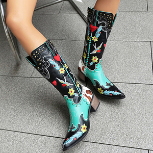 Bottes de chevalier pour femmes avec rivets métalliques, broderies florales, bottes longues de cowboy montantes, chaussures à talons carrés bas multi-motifs pour femmes - Product Image 4