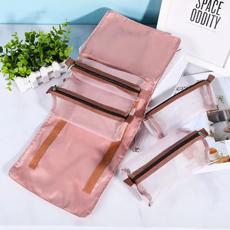 Trousse de toilette de voyage pliable 4 en 1 pour femmes et filles, avec pochettes de maquillage en maille détachables, à la mode, 2023