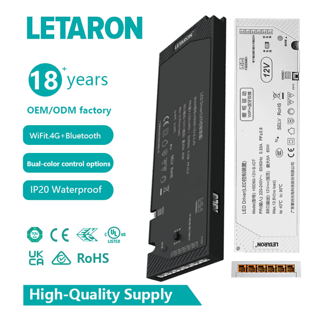 Energy-saving 60W 24V AC-DC Triac Dimmable WiFi-controlled Single Plastic Waterproof LED Driver Power Supply OEM Cabinet