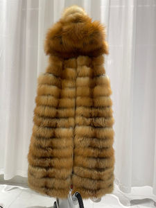 เสื้อคลุมแฟชั่นใหม่สำหรับผู้หญิง เสื้อกั๊กขนสุนัขจิ้งจอกสีแดงยาว เสื้อกั๊กขนสุนัขจิ้งจอกมีฮู้ดสุดหรูสำหรับสุภาพสตรี - Product Image 3