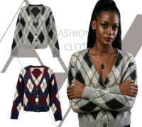 Cardigan en tricot Argyle d'hiver à col en V boutonné pour femme, motif losanges gris, noir et blanc
