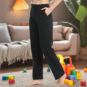 Pantalon en coton noir à jambe droite pour femme, avec cordon de serrage à la taille et poches, coupe ample décontractée, longueur complète, pour l'automne - Product Image 2