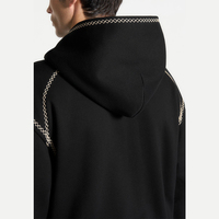 Sweat à capuche zippé noir personnalisé pour homme, avec surpiqûres contrastées, fermeture éclair intégrale bidirectionnelle, poche plaquée, coupe ample, style streetwear, vente en gros
