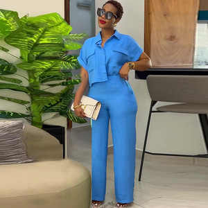 Ensemble d'Été <span class=keywords><strong>Chic</strong></span> <span class=keywords><strong>Femme</strong></span> <span class=keywords><strong>Africaine</strong></span> Deux Pièces <span class=keywords><strong>Tenue</strong></span> Chemise à Manches Courtes Col Revers Pantalon Large Élégant Costume d'Été de Bureau pour <span class=keywords><strong>Femme</strong></span> - Product Image 6