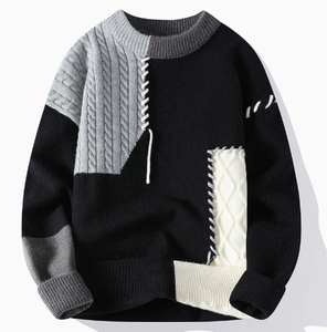 Men Color Block Knit Sweater Cable Pattern <b>Pullover</b> Long Sleeve Crew Neck Patchwork <b>Jumper</b> for Autumn - Product Image 2