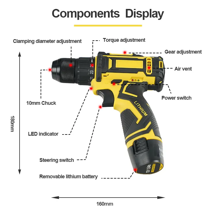Home Improvement DIY Tools Set Portable Handheld 1.5Ah Battery Powered Rechargeable Cordless Drill 12V With Toolkit