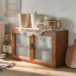 Solid Wood Desktop Storage Cabinet With Frosted Glass Doors For Tea Set Display And Cup Storage <b>Pine</b> Material Zhejiang Origin - Product Image 1