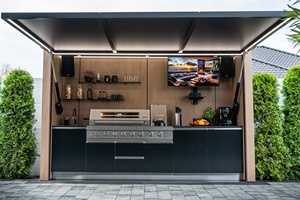 Table d'extérieur îlot avec plateau en pierre de quartz, 2-3m de long, armoire étanche intégrée, barbecue intégré pour fêtes en patio, motif chêne - Product Image 2