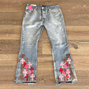 Tùy Chỉnh Thêu Logo Hip Hop Baggy Thẳng Chân Xếp Chồng Lên Nhau Nặng Đính Rips Cắt Và May Quần Jean Theo Dõi Quần Người Đàn Ông Thể Thao - Product Image 1