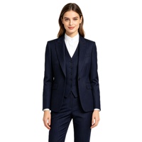 Ensemble de costume 3 pièces sur mesure à rayures fines bleu marine pour femme, blazer, gilet et pantalon, vêtements de bureau, usine source OEM ODM