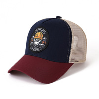 Casquettes de baseball ajustables à 5 panneaux avec logo tissé circulaire personnalisé, en maille respirante, style camionneur, à fermeture snapback