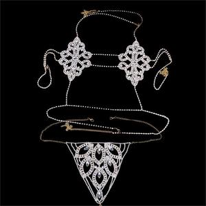 Conjunto de sujetador y bragas con cadena para mujer, ropa interior Sexy con cristales y flores, con diamantes de imitación, conjunto de lencería con Tanga, joyería - Product Image 4