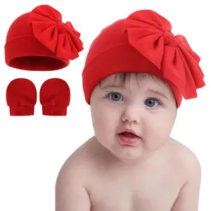 High Quality Newborn Baby 2 Pcs Set Soft Cotton Baby Infant Beanie Hat and Mittens Set