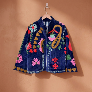 Chaqueta de terciopelo con bordado floral, cuello mandarín, manga larga, estilo Prairie Chic para mujer, abertura frontal, talla única, para primavera/invierno. - Product Image 3