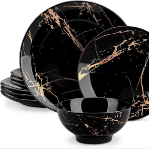 New Arrival Luxury Plates and Bowls 12 Pieces <b>Dinnerware</b> <b>Sets</b> Black and Gold Dish <b>Set</b> Gold Splash Dishware <b>Sets</b> - Product Image 1