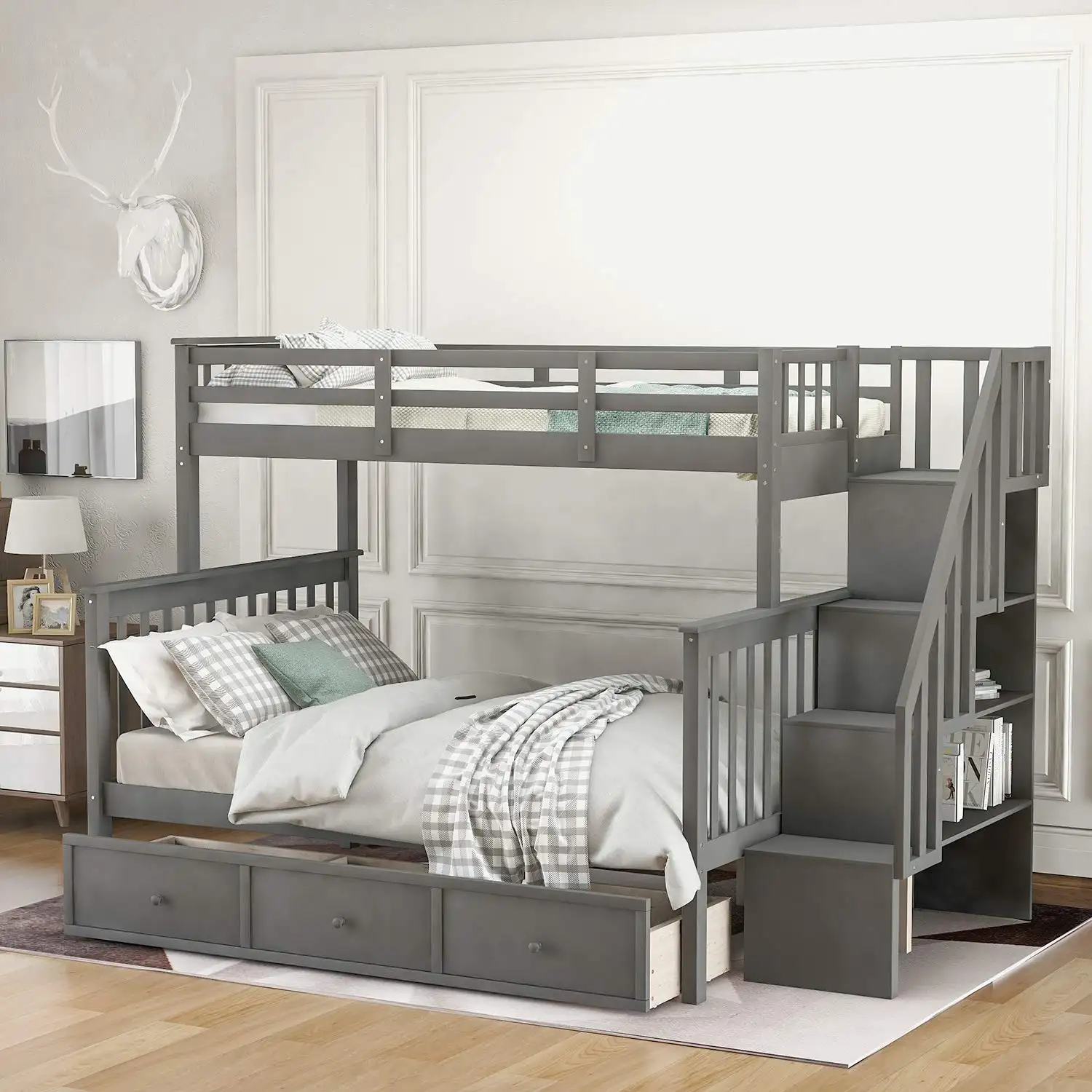 מודרני עיצוב Twin מעל תאום מוצק עץ למבוגרים ילדים קומותיים מיטה עם ארון
