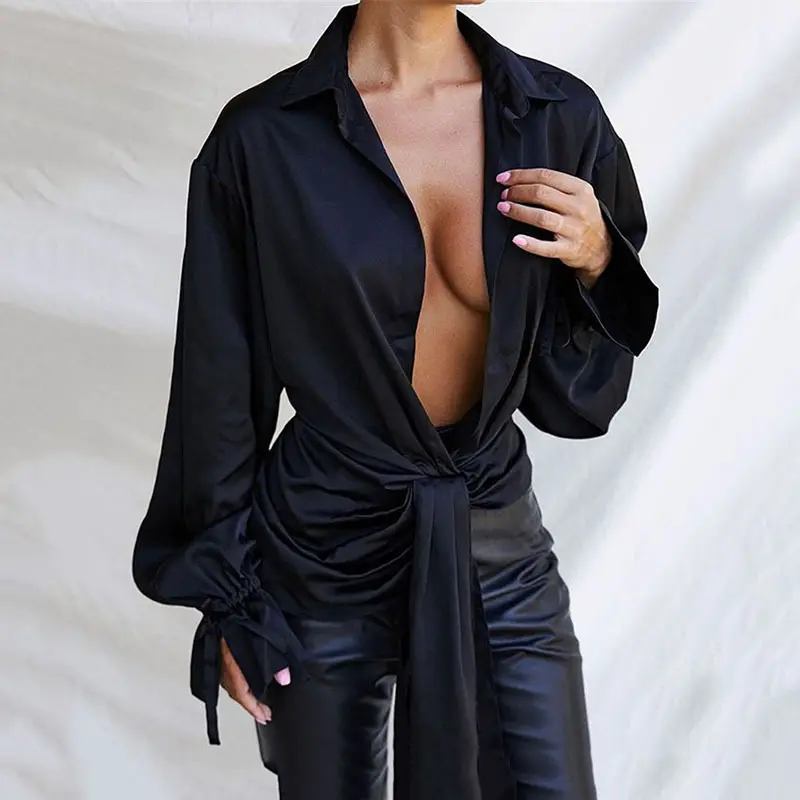 High Quality Sexy Long Sleeve Blouse Hollow Lace Up Black Loose Casual Shirt Bandage Ladies Blouses