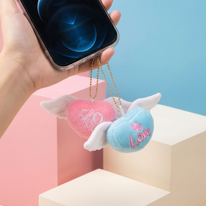 Porte-clés en peluche en forme de cœur avec ailes, rose et bleu, design amour, pour téléphone ou sac, unisexe, vente en gros OEM/ODM - Product Image 6