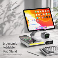 Station de charge sans fil magnétique 7-en-1 avec support pliable, veilleuse LED, réveil, charge rapide et sorties USB