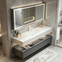 Meuble de salle de bain mural pour hôtel, armoire en bois massif, plan de travail en pierre frittée, lavabo en céramique intégré avec miroir LED, OEM/ODM
