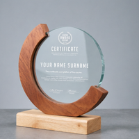 Trophée en cristal avec base en bois ronde personnalisable, avec logo professionnel, best-seller, trophée en verre cristal avec base en bois vierge