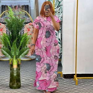 Abiti Estivi Alla Moda per Donne Taglie Forti, Elegante <span class=keywords><strong>Vestito</strong></span> Lungo Casual con Colletto Alto, Maniche Corte e Spacco, Abito Camicia Stampato - Product Image 3