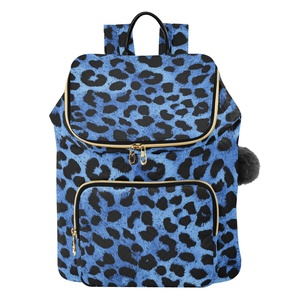 Blue Leopard Print Patters Fashion Women <b>Large</b> Size <b>Backpack</b> with Fluffy Ball Key Ring Customs Design logo - Product Image 1