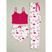 Nouvelle Collection 2025 – Vêtements d'intérieur – Ensemble trois pièces à motif cœur boutonné avec pantalon tressé croisé – Idéal pour la maison