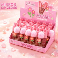 Gloss à lèvres miroir avec pendentif fleur pompon, lot de 24 pièces, kit de gloss hydratant non collant, maquillage pour les lèvres mignon pour femmes