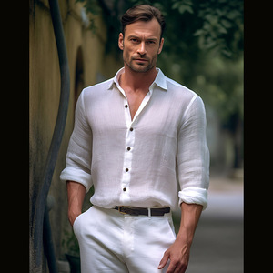 2023 nueva <span class=keywords><strong>camisa</strong></span> de crepé de algodón y <span class=keywords><strong>lino</strong></span> Vintage para hombre, <span class=keywords><strong>camisa</strong></span> de solapa de Color sólido de <span class=keywords><strong>Amazon</strong></span> al por mayor - Product Image 4