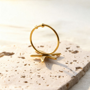 New Ocean Collection Stainless Steel <b>Open</b> <b>Ring</b> with Diamond Setting and Starfish Design 18K Gold Furnace Plated - Product Image 2