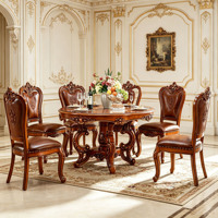 Ensemble de table à manger ronde en bois massif européen de luxe, chaises de salle à manger en cuir PU sculptées à la main pour villa, maison, hôtel, vente en gros