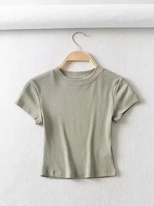 เสื้อครอปท็อปผู้หญิงสำหรับฤดูร้อน ทรงเข้ารูป ยืดหยุ่น คอทรงโอ แขนสั้น ผ้าถัก มีโลโก้ ระบายอากาศได้ดี และเซ็กซี่ - Product Image 4