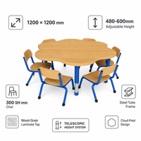 Ensemble table et chaises en forme de fleur pour enfants, 1 table et 6 chaises, 7 pièces, plateau en bois, cadre en métal bleu, pour maternelle, école maternelle, garderie
