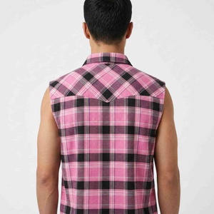 Oferta de Verano: Camisa de Franela a Cuadros sin Mangas para Hombre, Cuello con Botones, Casual, Rosa y Negro, 100% Algodón Tejido Transpirable - Product Image 2