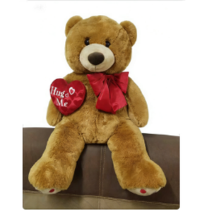 Customized Giant Brown <b>Sitting</b> Teddy Bear Plush with Red Satin Bow & Embroidered Hug <b>Me</b> Heart Pillow - Product Image 1