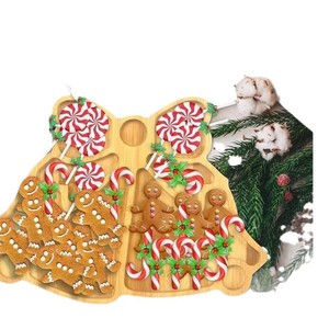Bandeja de bambú con diseño de campanas navideñas y lazo para servir postres y bocadillos en fiestas, bandeja decorativa de madera. - Product Image 5