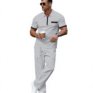 Men's Winter Solid Casual Fleece Knitted Short Sleeve Polo Shirt Set Pockets Matching Pants Breathable Quick Dry Customized - Product Image 2