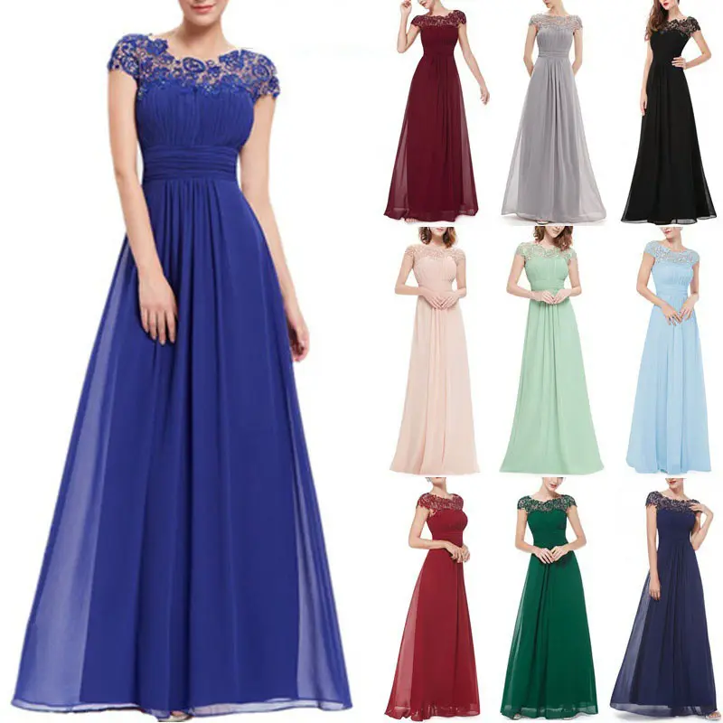 New Women Ladies Embroidered Chiffon Wedding Bridesmaid Evening Prom Gown Short Sleeve Formal Party Dresses Long lace prom dress